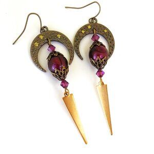 Plum burgundy crescent moon brass spike earrings